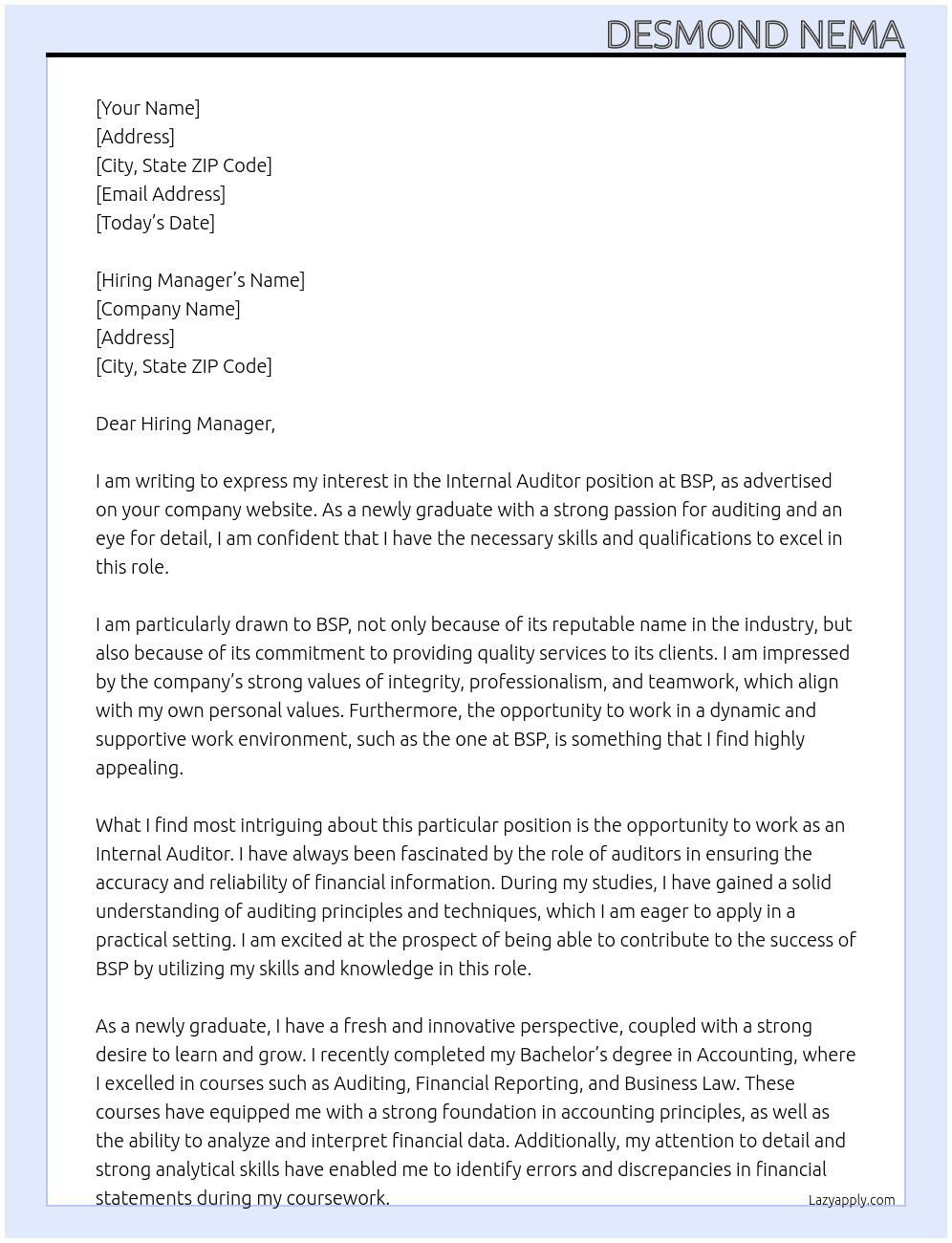 INTERNAL AUDITOR At BSP Cover Letter