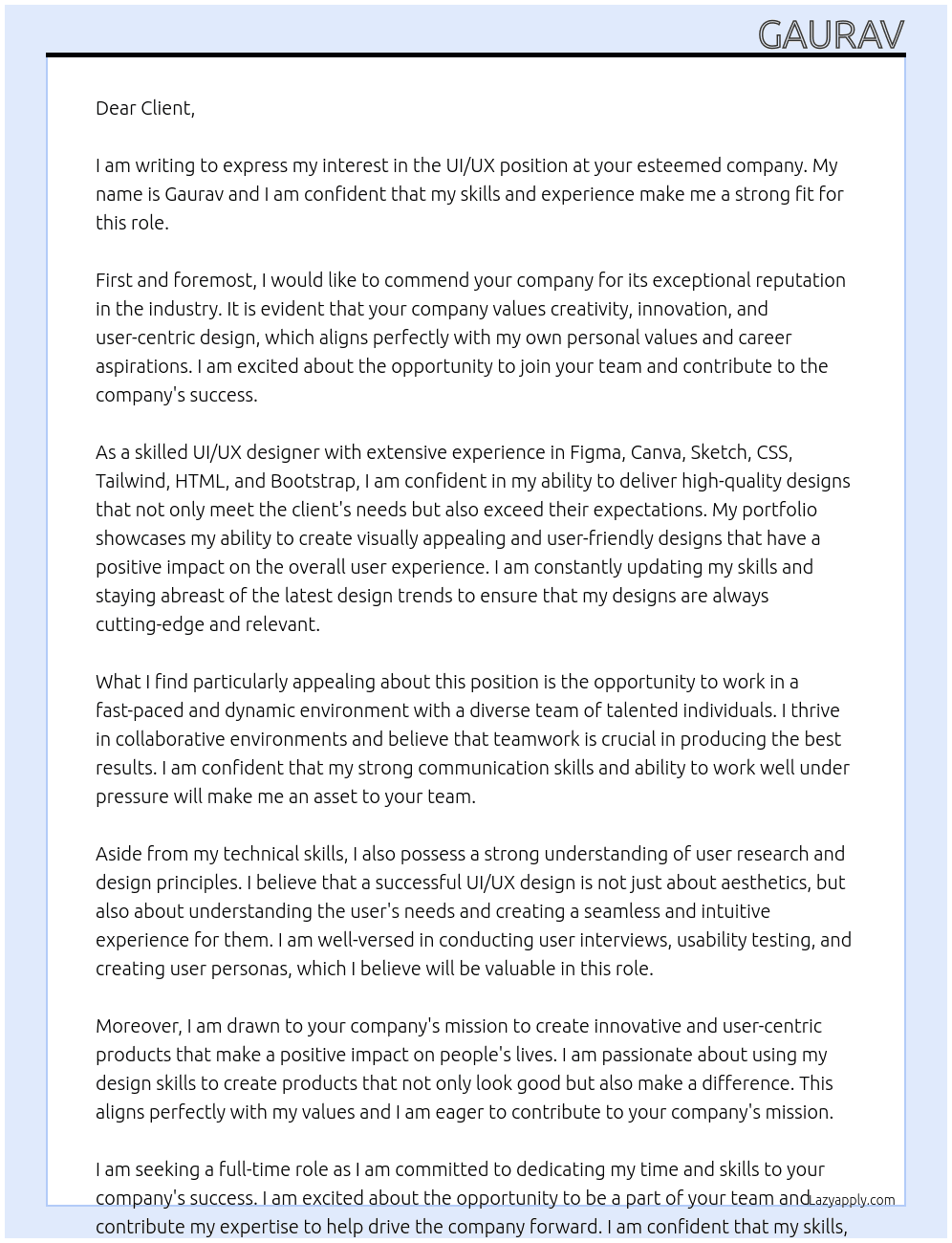 UI/UX At none Cover Letter