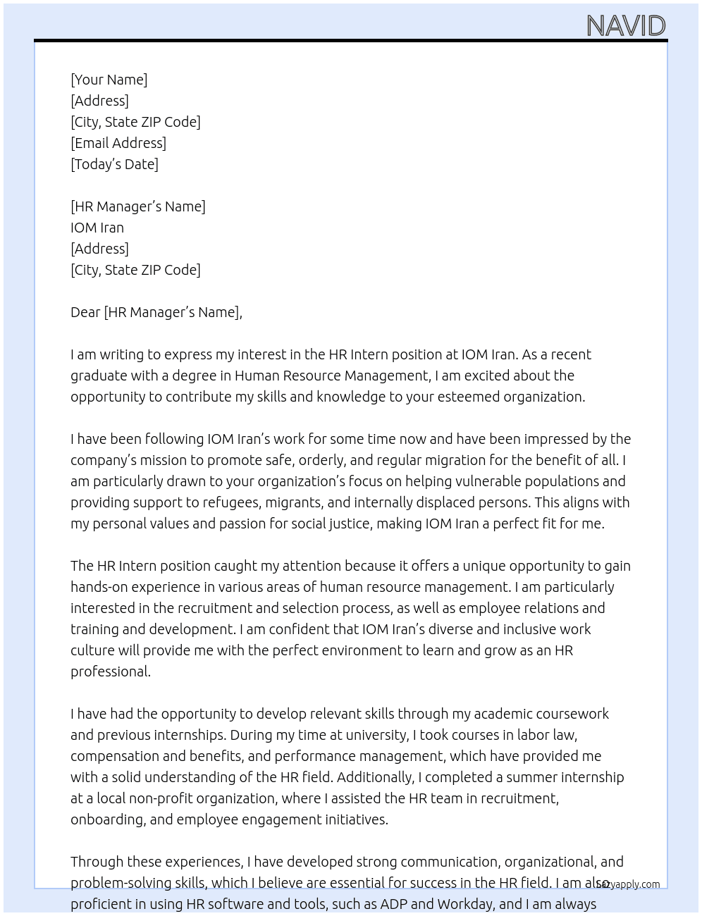 HR Intern At IOM Iran Cover Letter