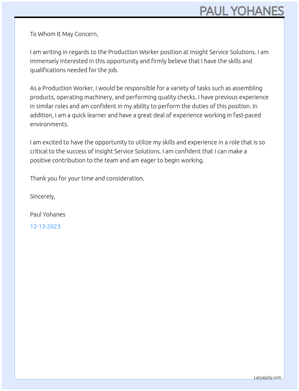 Production Worker At Insight Service Solutions Cover Letter