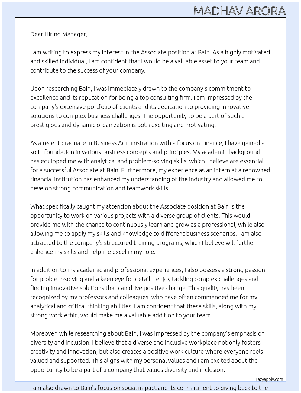Associate At Bain Cover Letter