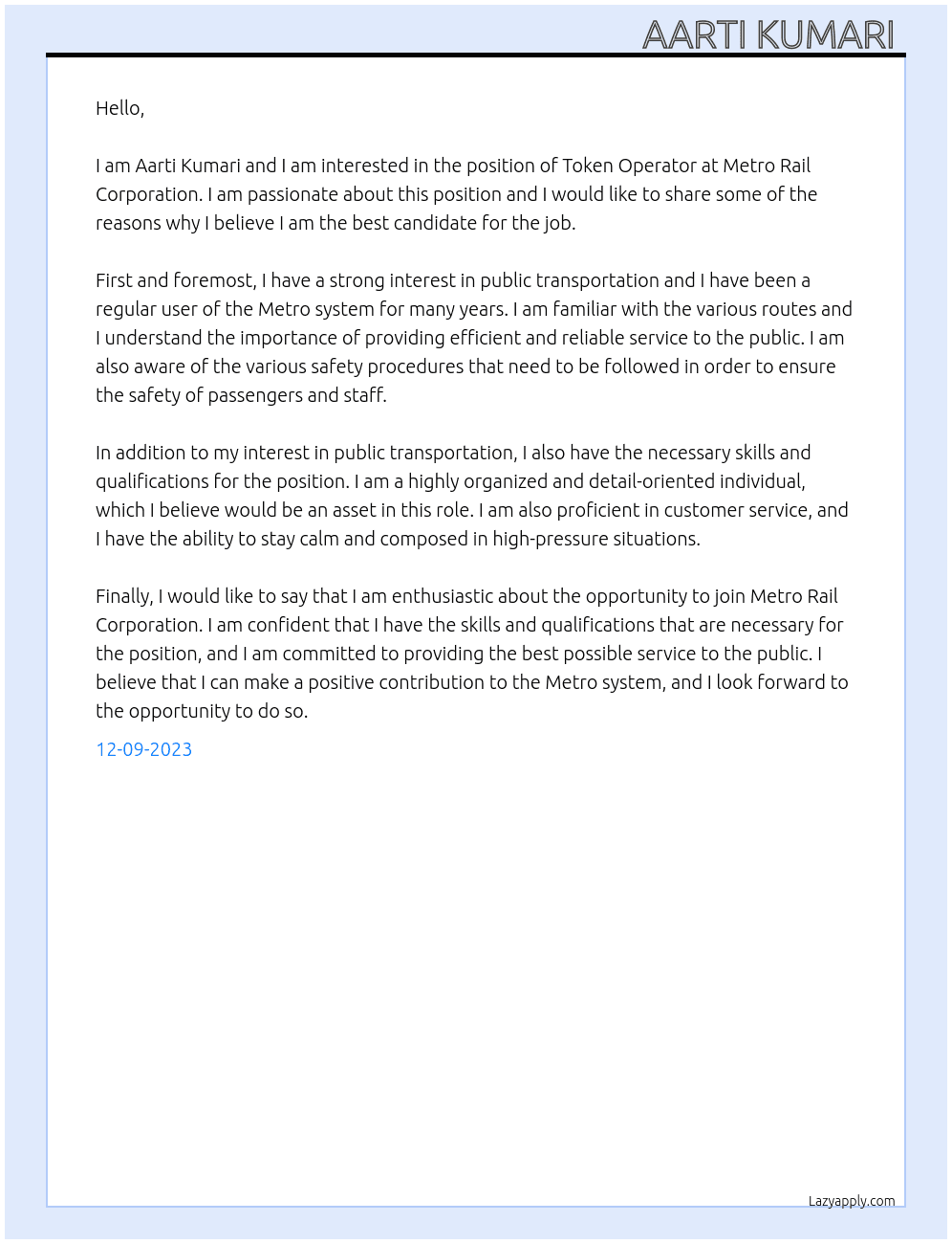 Token operator  At  Metro rail corporation  Cover Letter