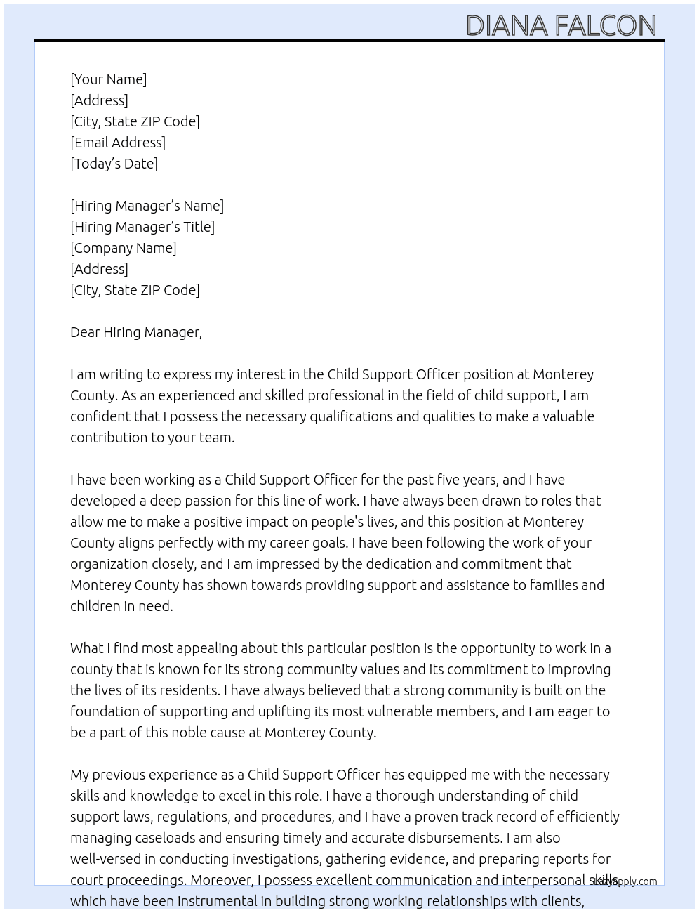 Child support officer At Monterey county Cover Letter