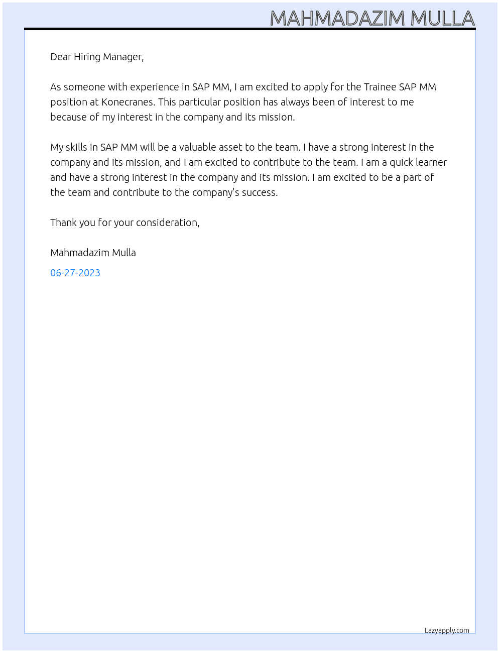 Trainee  SAP MM At Konecranes Cover Letter