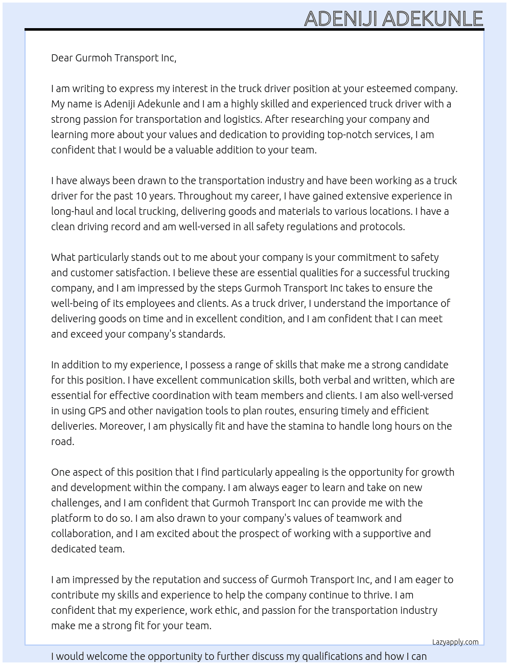 truck driver At Gurmoh Transport Inc Cover Letter