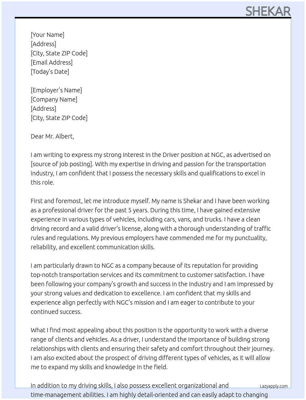 Driver At NGC Cover Letter