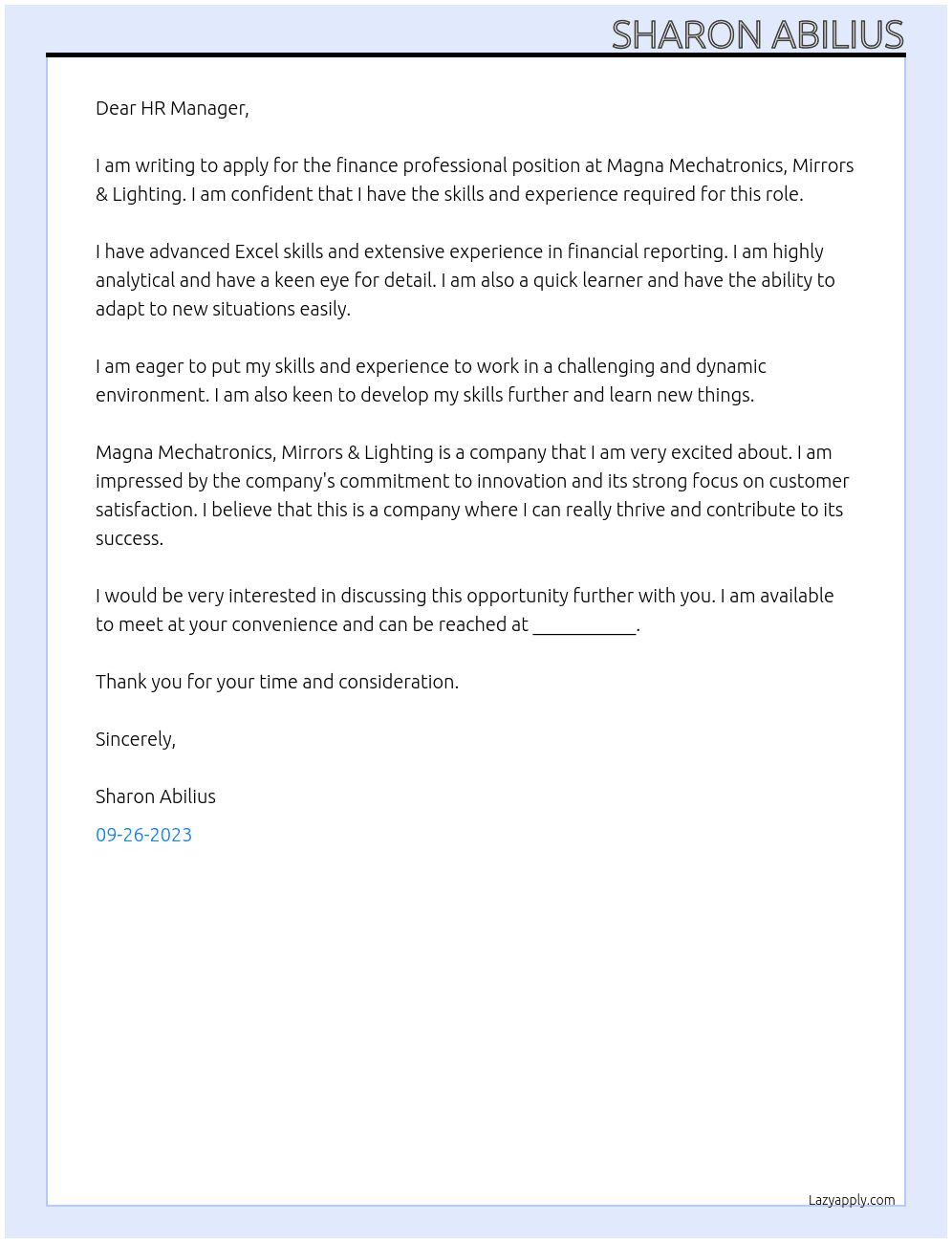 finance professional At Magna Mechatronics, Mirrors & Lighting Cover Letter