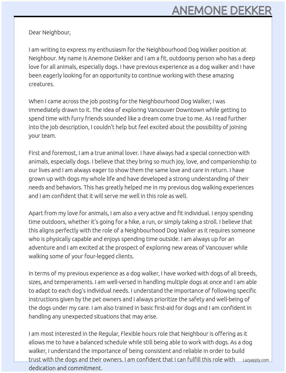 Neighbourhood Dog W.alker At Neighbour Cover Letter