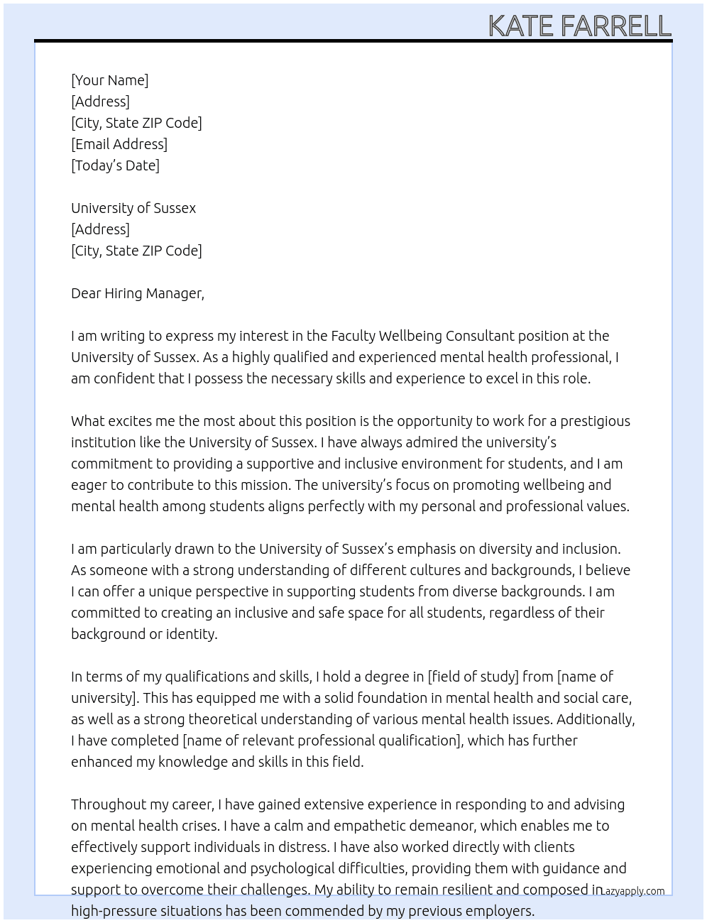 Faculty Wellbeing Consultant At University of Sussex  Cover Letter