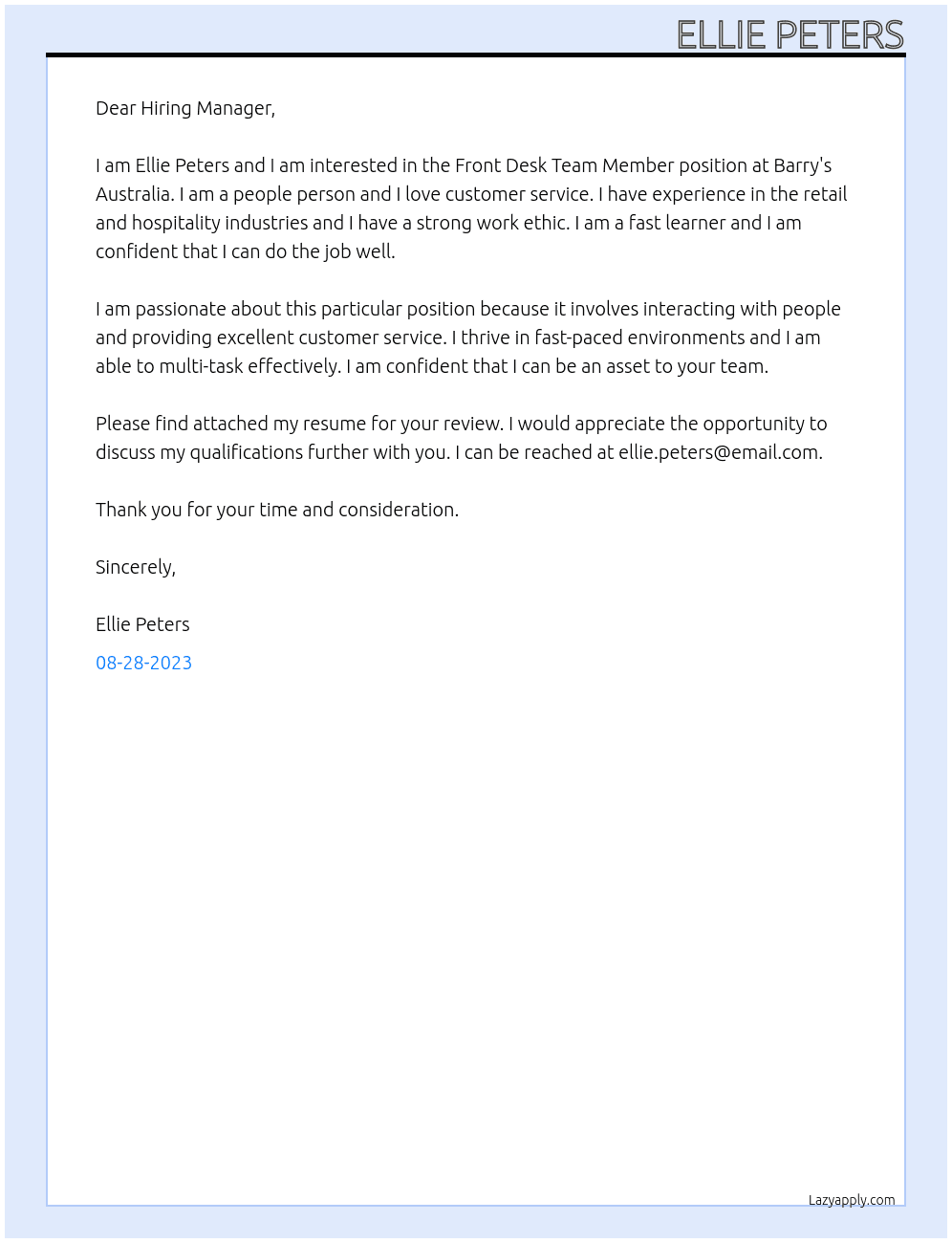Front Desk Team Member At Barry's Australia Cover Letter