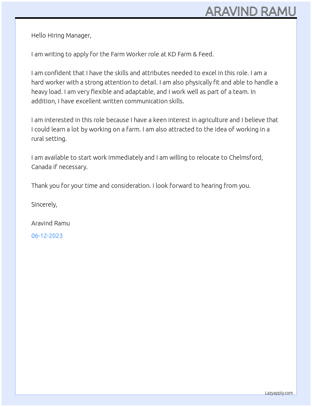 Farm Worker  At KD FARM & FEED Cover Letter