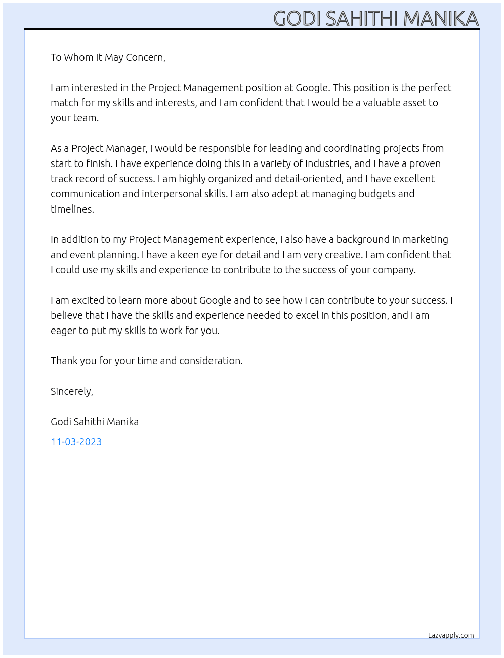 project  management At google Cover Letter