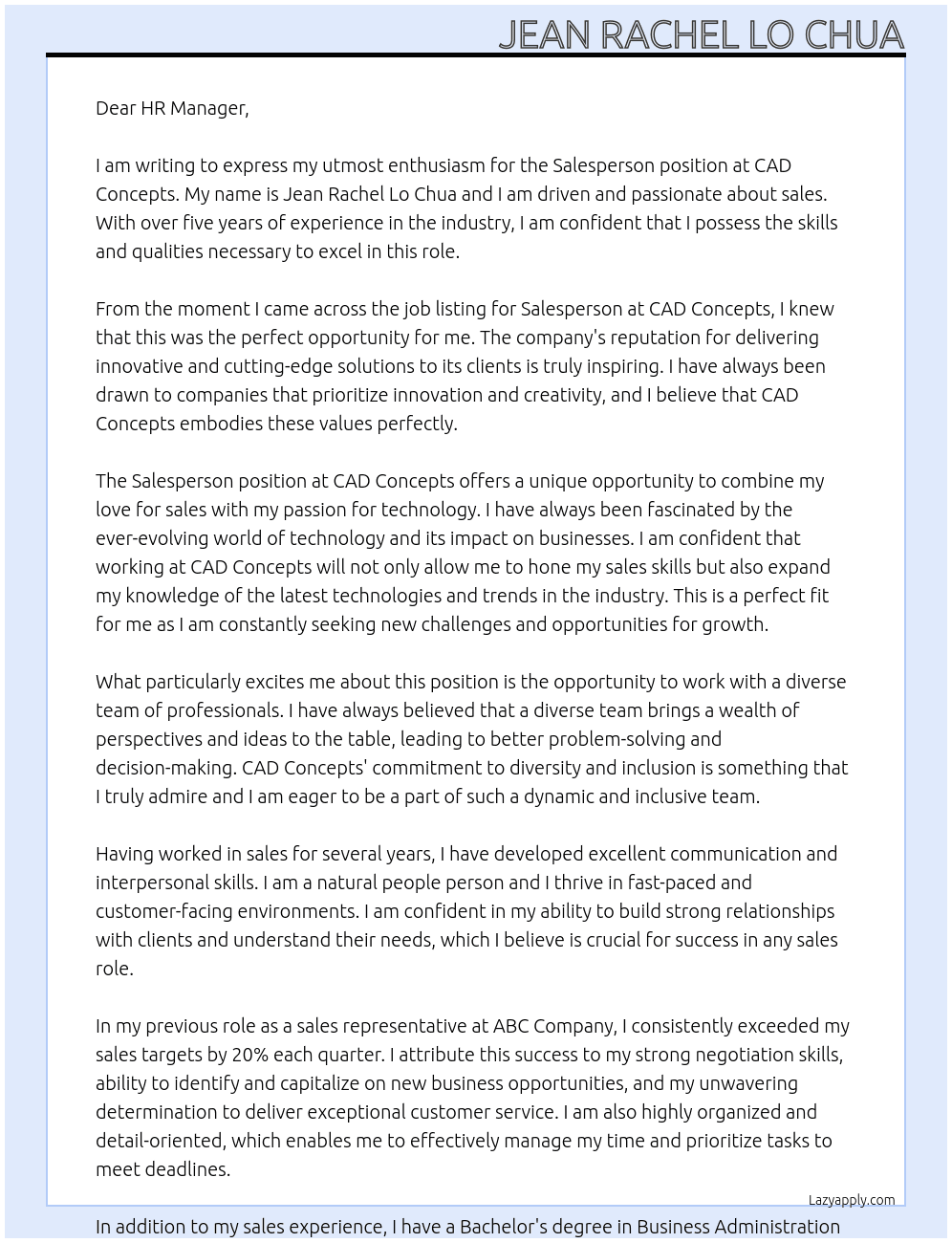 Salesperson At CAD Concepts Cover Letter