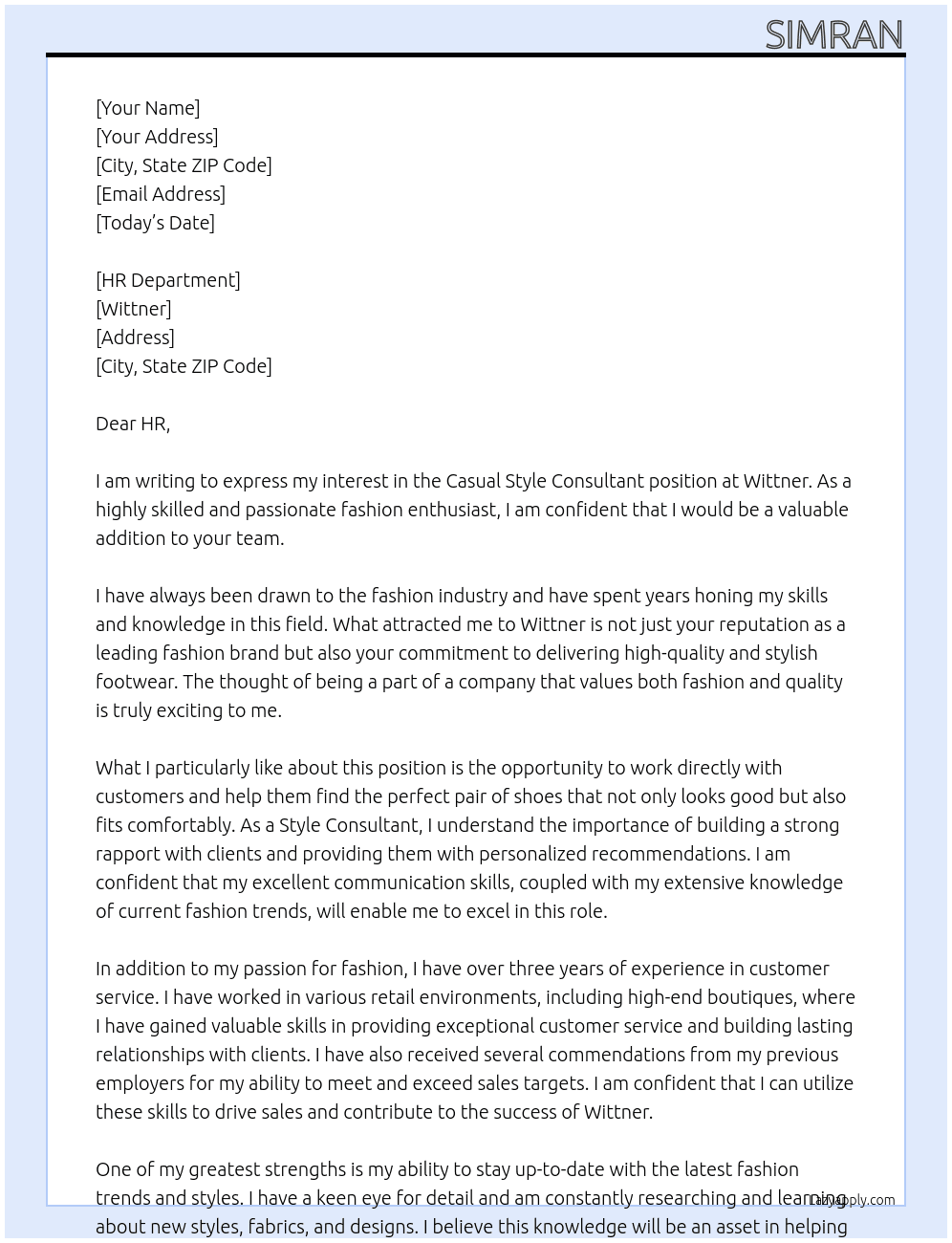 Casual Style Consultant At Wittner Cover Letter