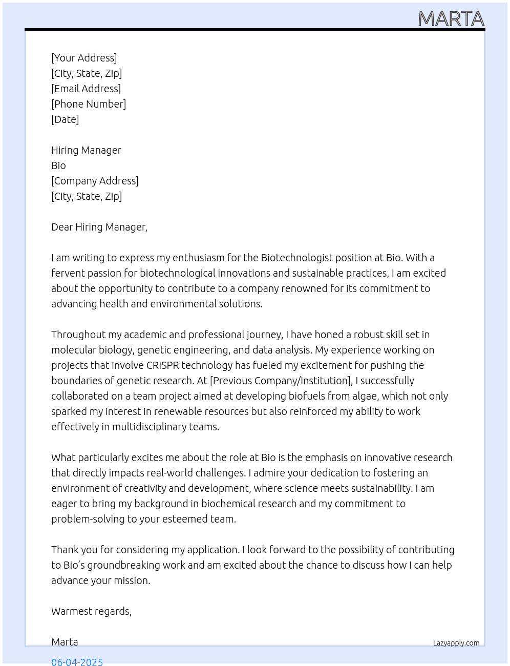 Biotechnologist At Bio Cover Letter