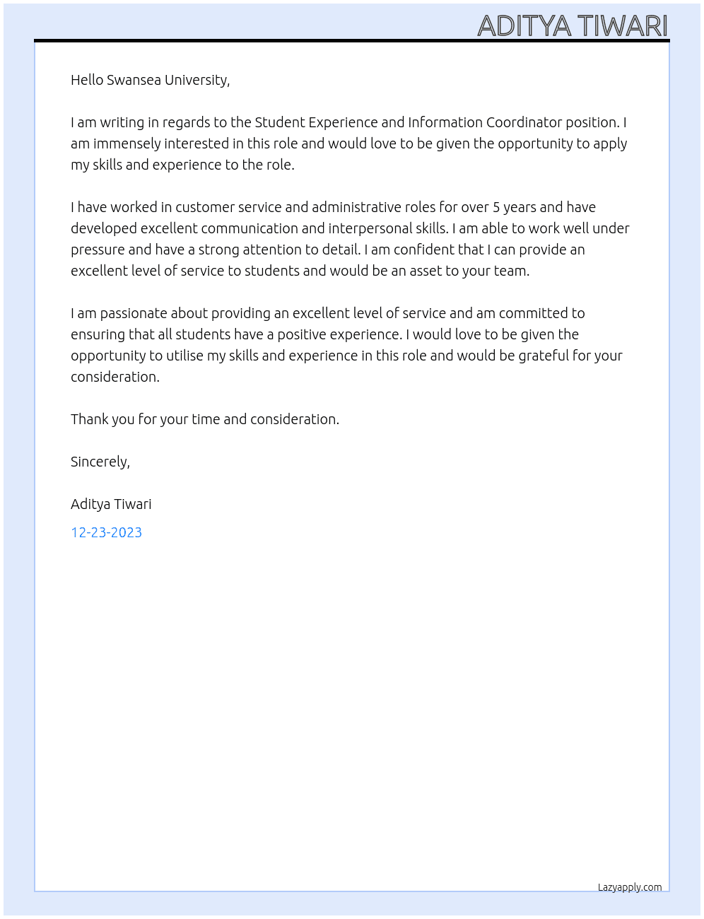 Student Experience and Information Coordinator At swansea university Cover Letter