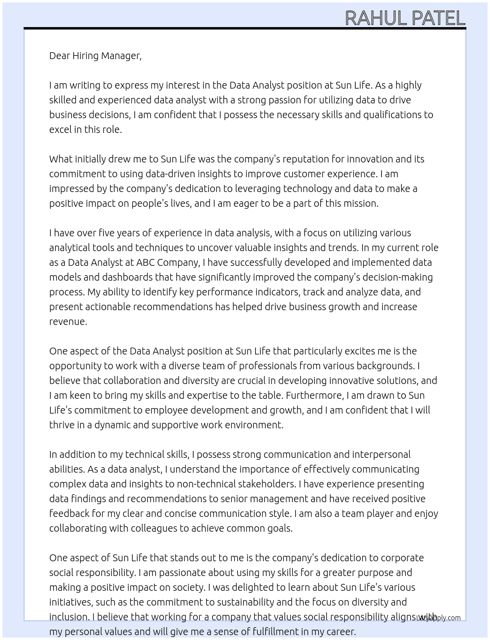 Data Analyst At Sun Life Cover Letter