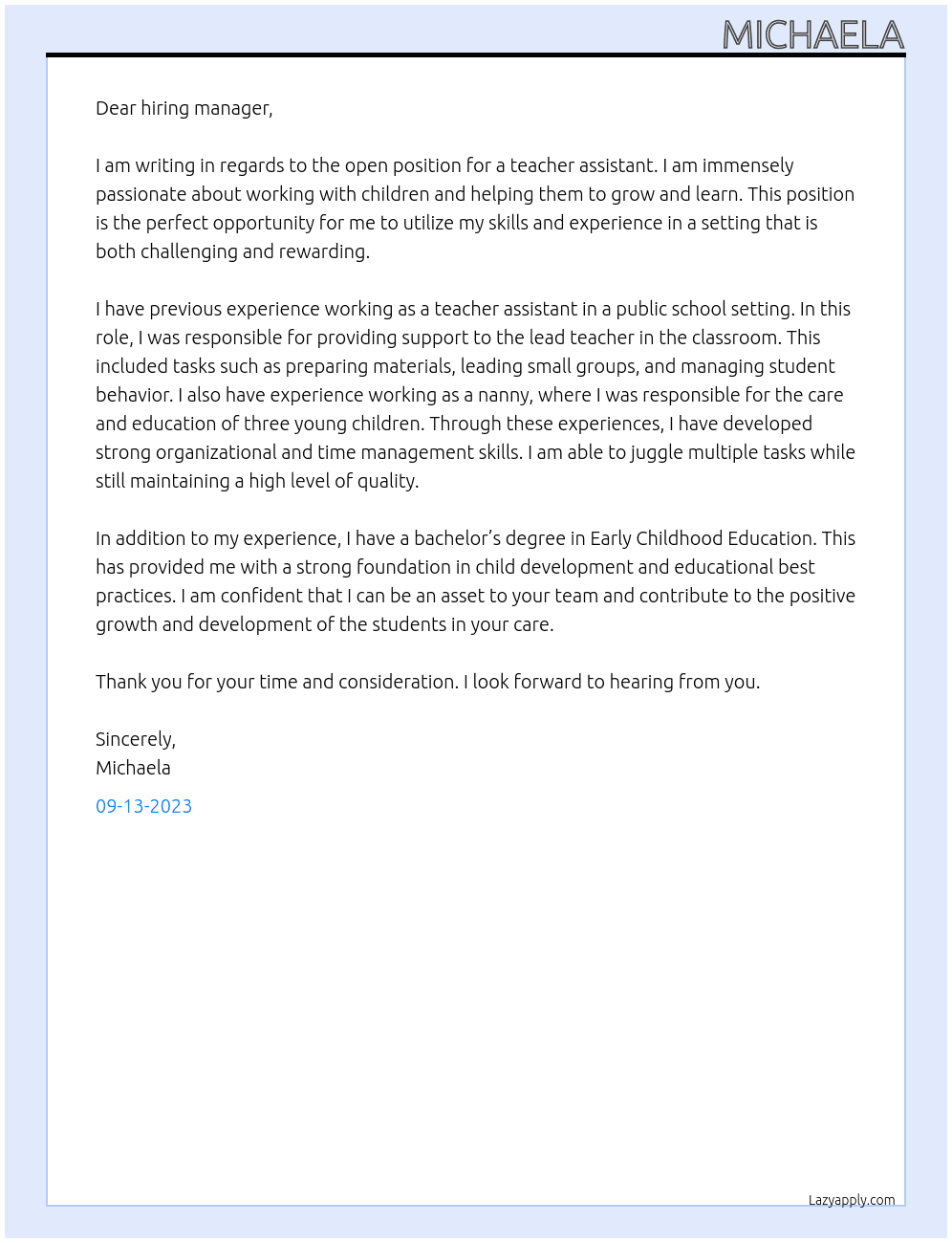 teacher assistant  At private Cover Letter