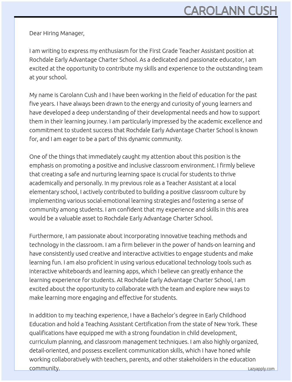 first grade teacher assistant At Rochdale Early Advantage Charter School Cover Letter