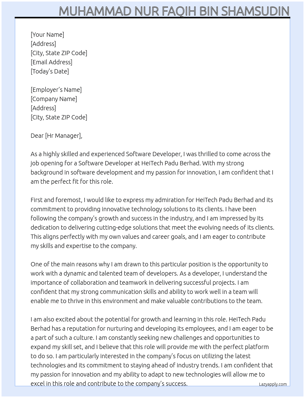 Software Developer At HeiTech Padu Berhad Cover Letter