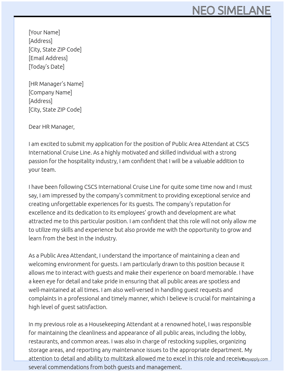 Public Area Attendant At CSCS International Cruise Line Cover Letter