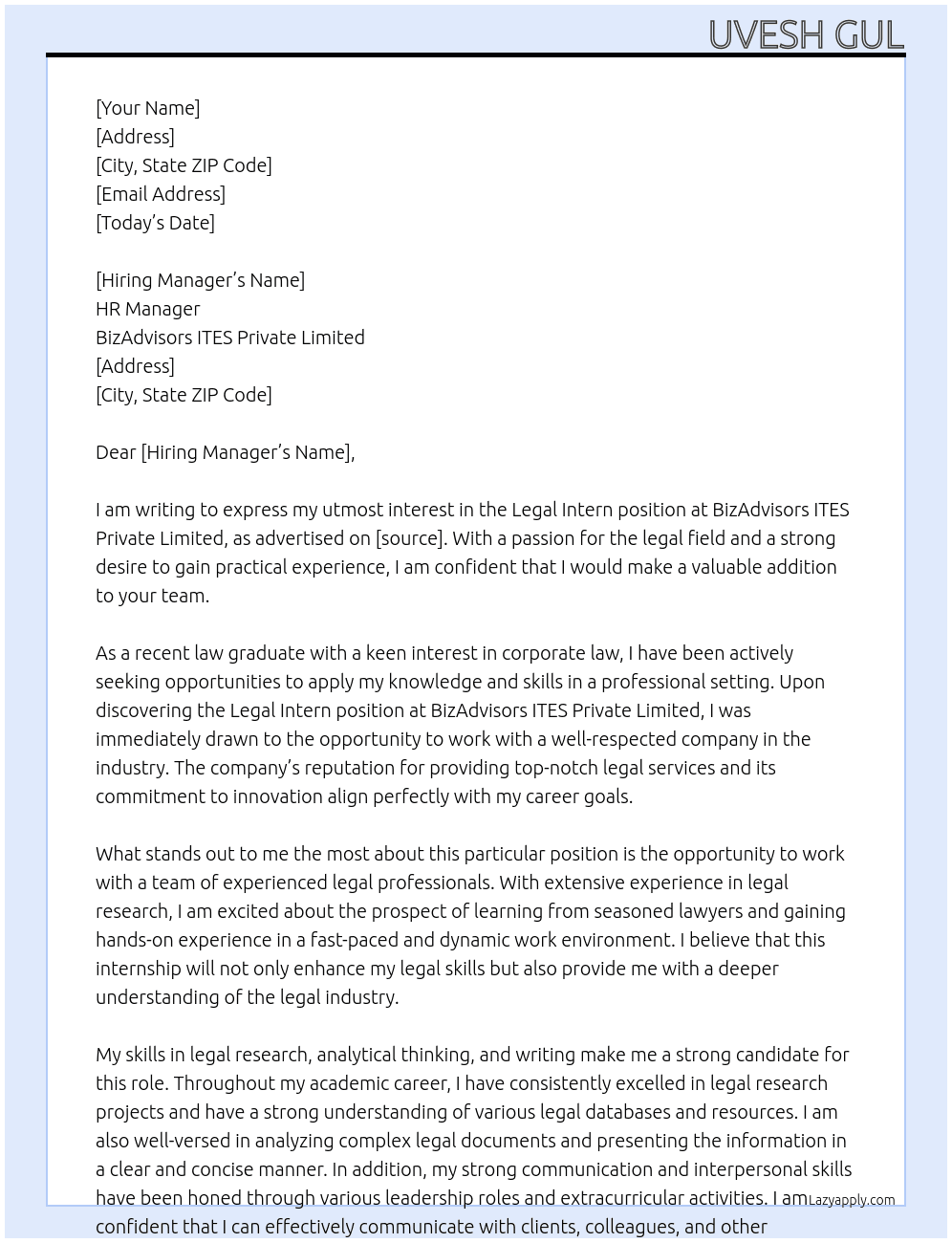 Legal Intern At BizAdvisors ITES Private Limited  Cover Letter