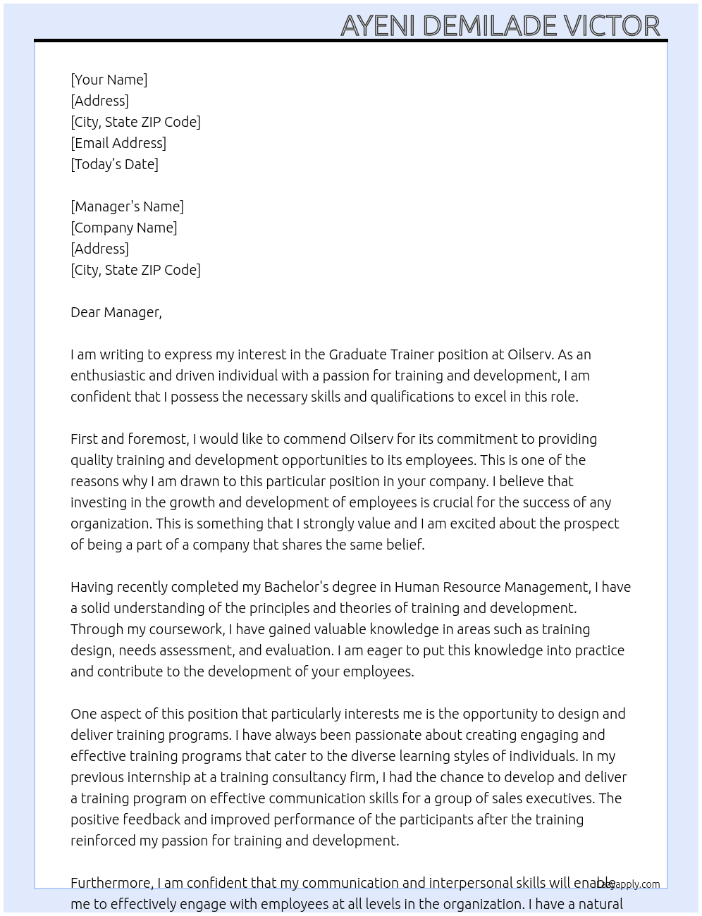Graduate trainer At Oilserv Cover Letter
