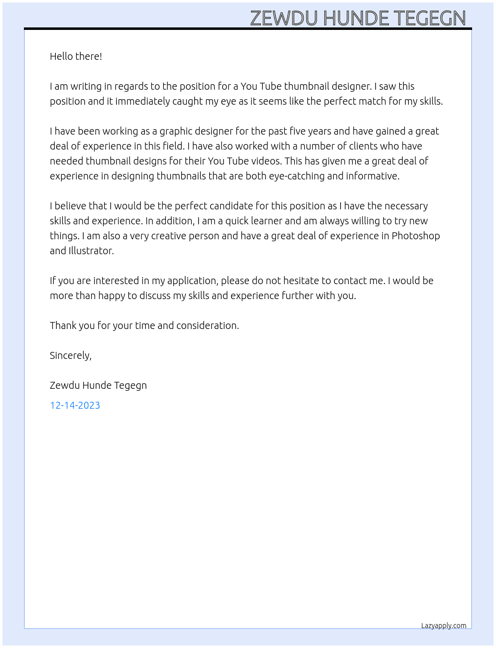 You tube thumbnail designer  At You tube thumbnail  Cover Letter