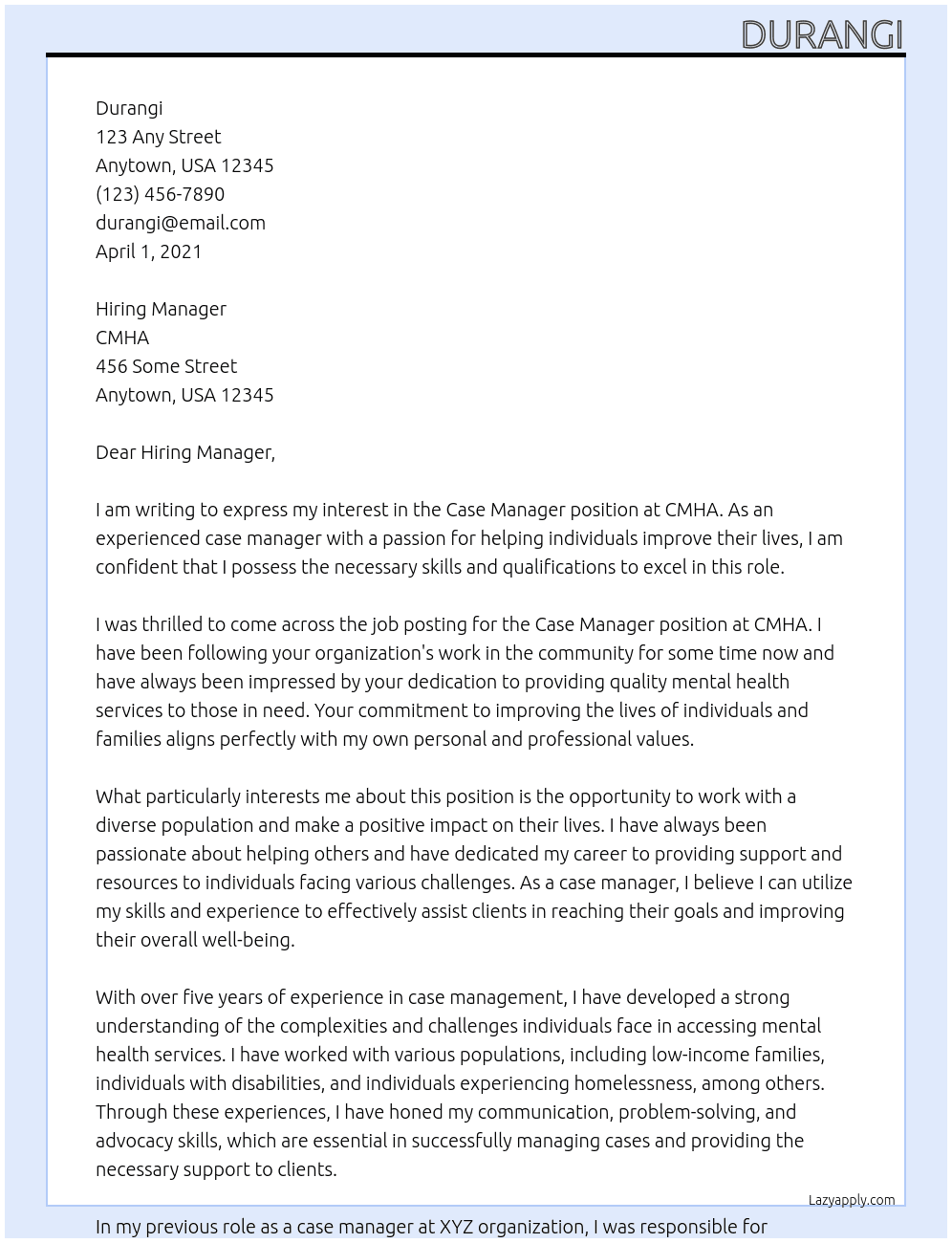 case manger At CMHA  Cover Letter