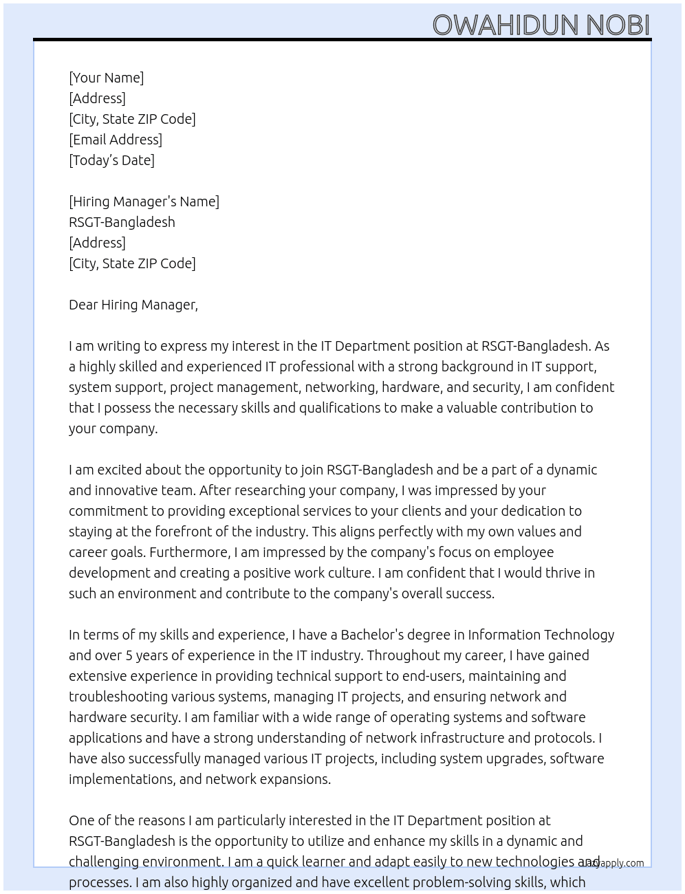 IT Dept At RSGT-Bangladesh Cover Letter