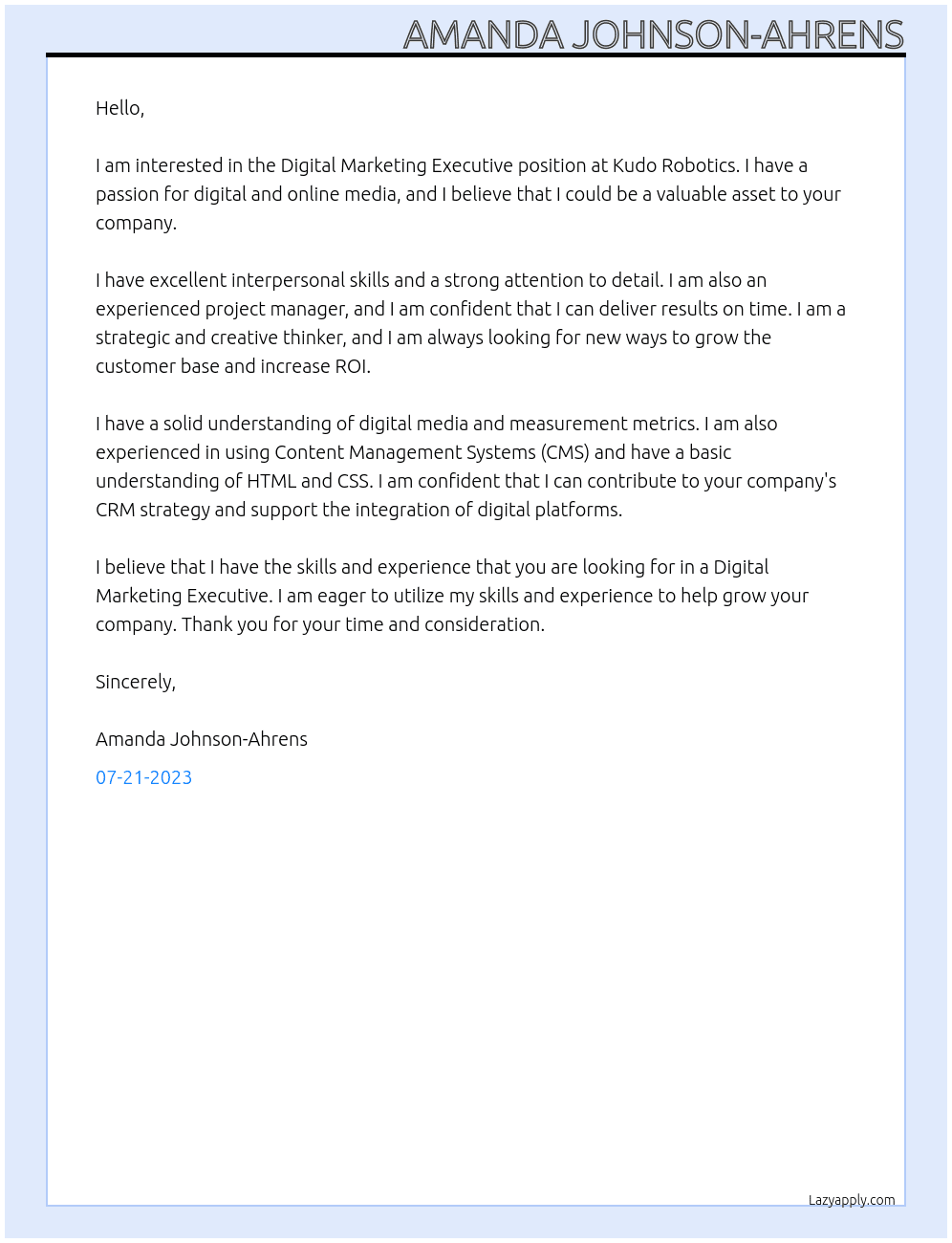 Digital Marketing Executive At Kudo Robotics Cover Letter