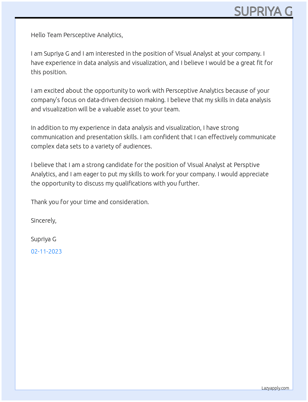Visual Analyst At Persceptive Analytics Cover Letter