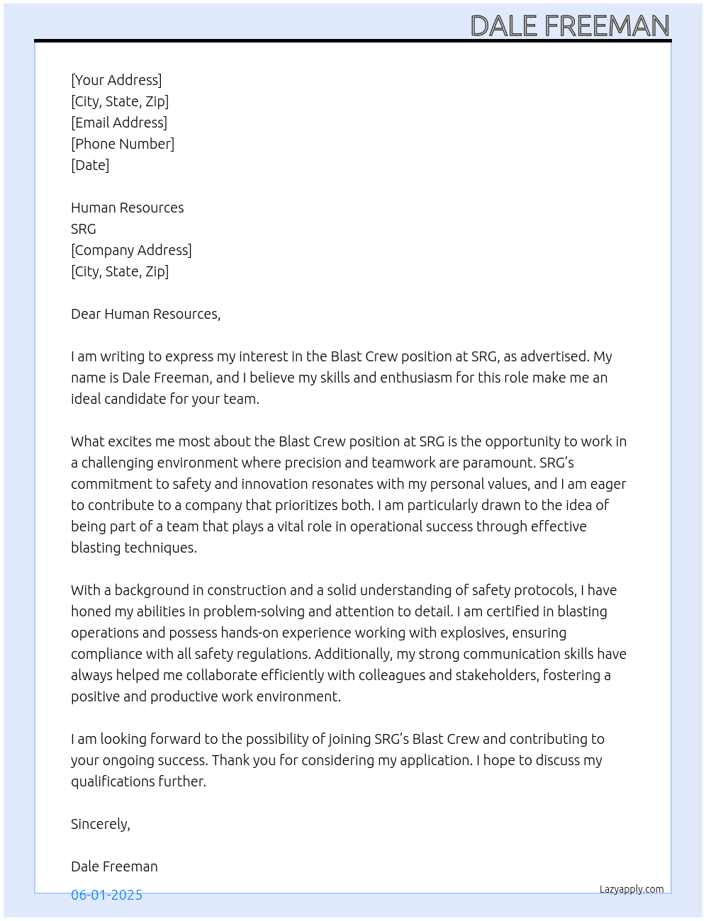 Cover letter for blast crew - LazyApply