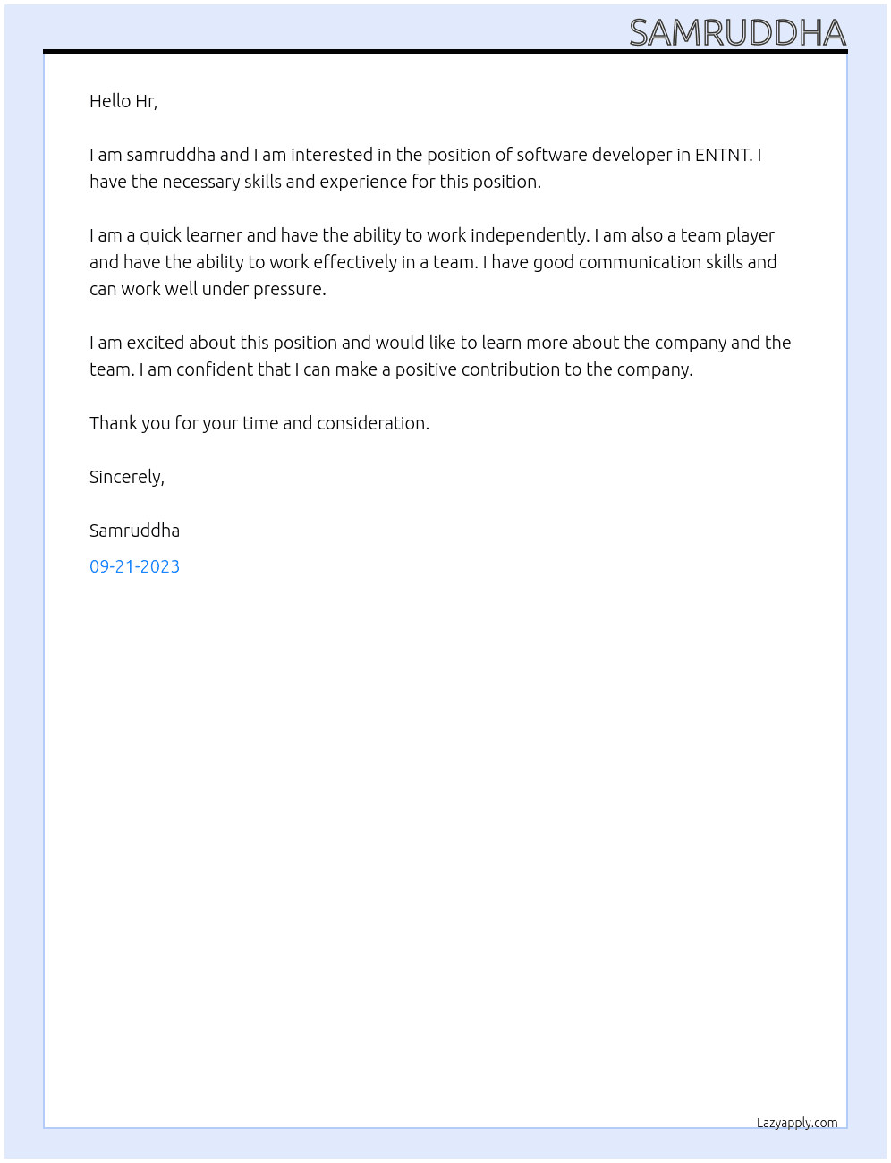 software devloper At ENTNT Cover Letter