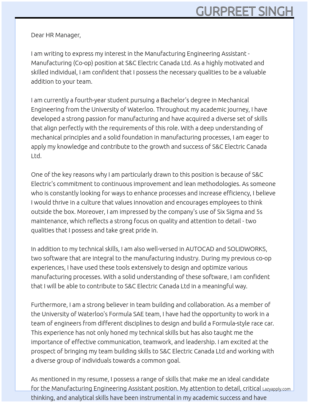 Manufacturing Engineering Assistant - Manufacturing (Co-op) At S&C Electric Canada Ltd Cover Letter