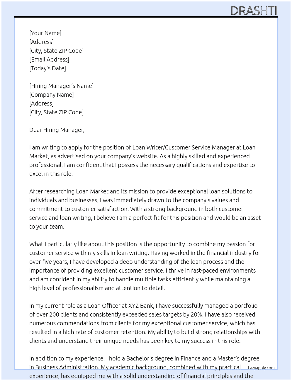 Loan Writer / Customer Service Manager At Loan Market Cover Letter