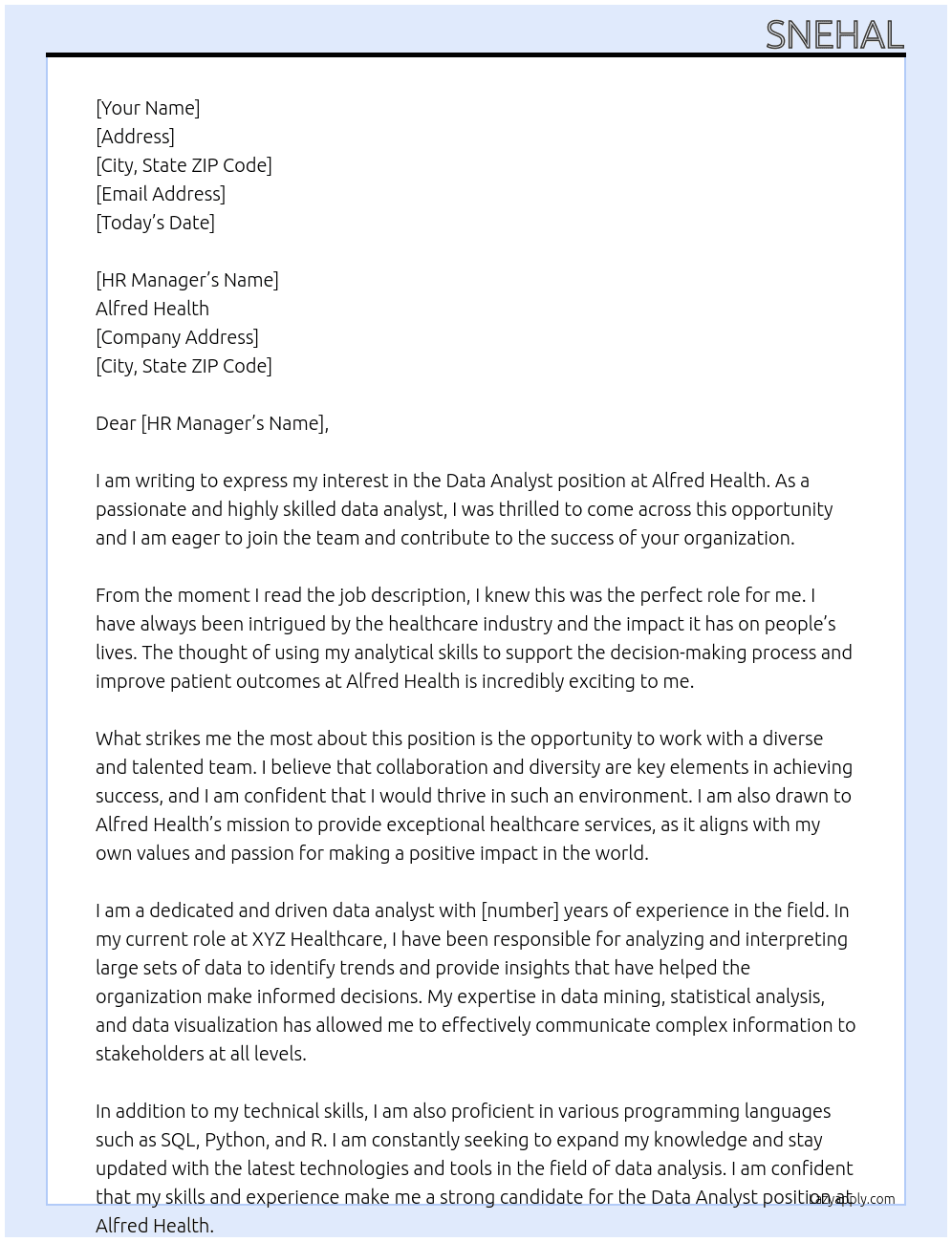 Data Analyst At Alfred Health Cover Letter