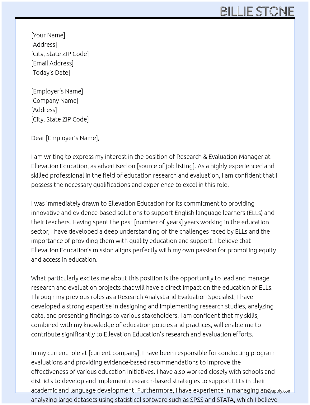 Research & Evaluation Manager At Ellevation Education Cover Letter