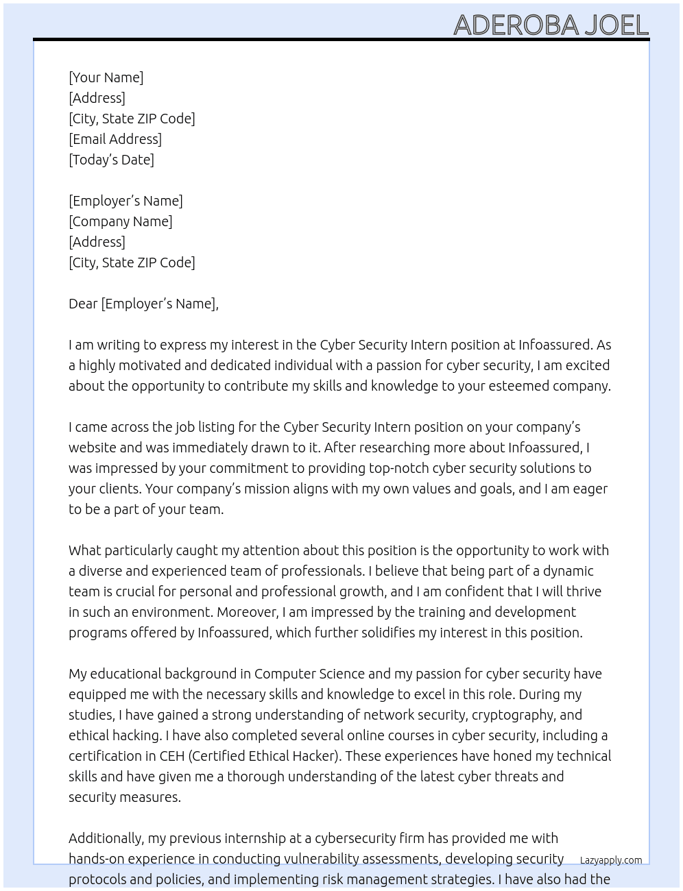 Cyber security intern  At Infoassured Cover Letter