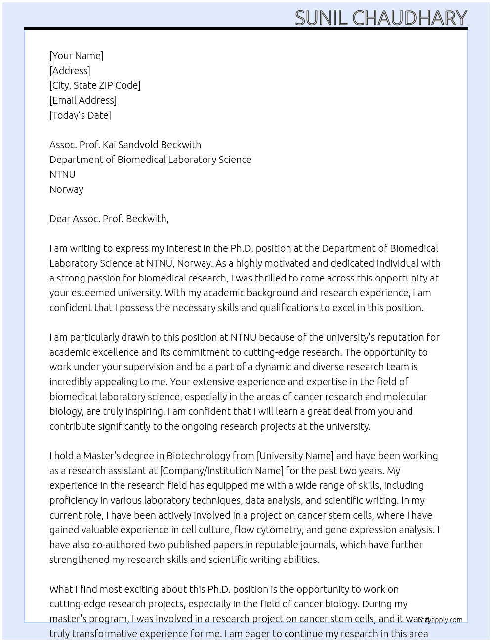 Ph. D. At Norwegian University of Science  and Technology Cover Letter