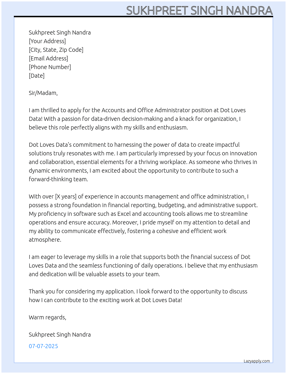 accounts and office administrator At Dot Loves Data Cover Letter