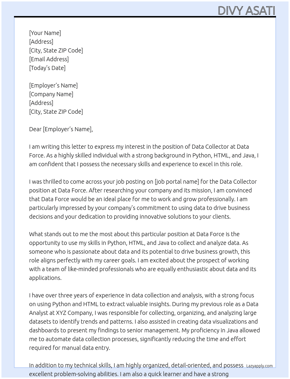 Data collector  At Data force  Cover Letter