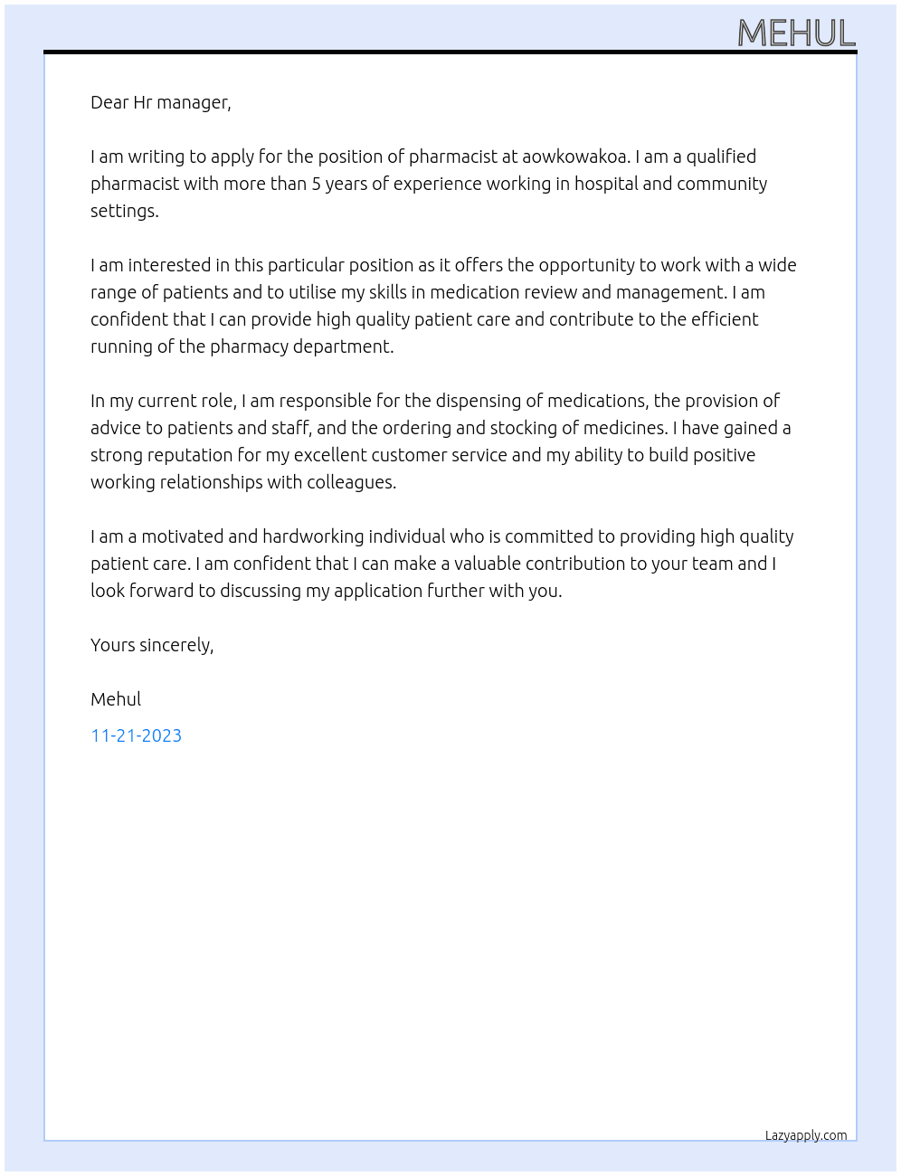 pharmacist At aowkowakoa Cover Letter