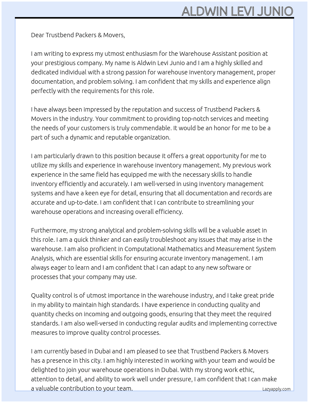 Warehouse Assistant At Trustbend Packers & Movers Cover Letter