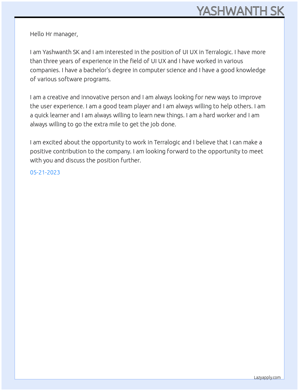 UI UX At Terralogic Cover Letter