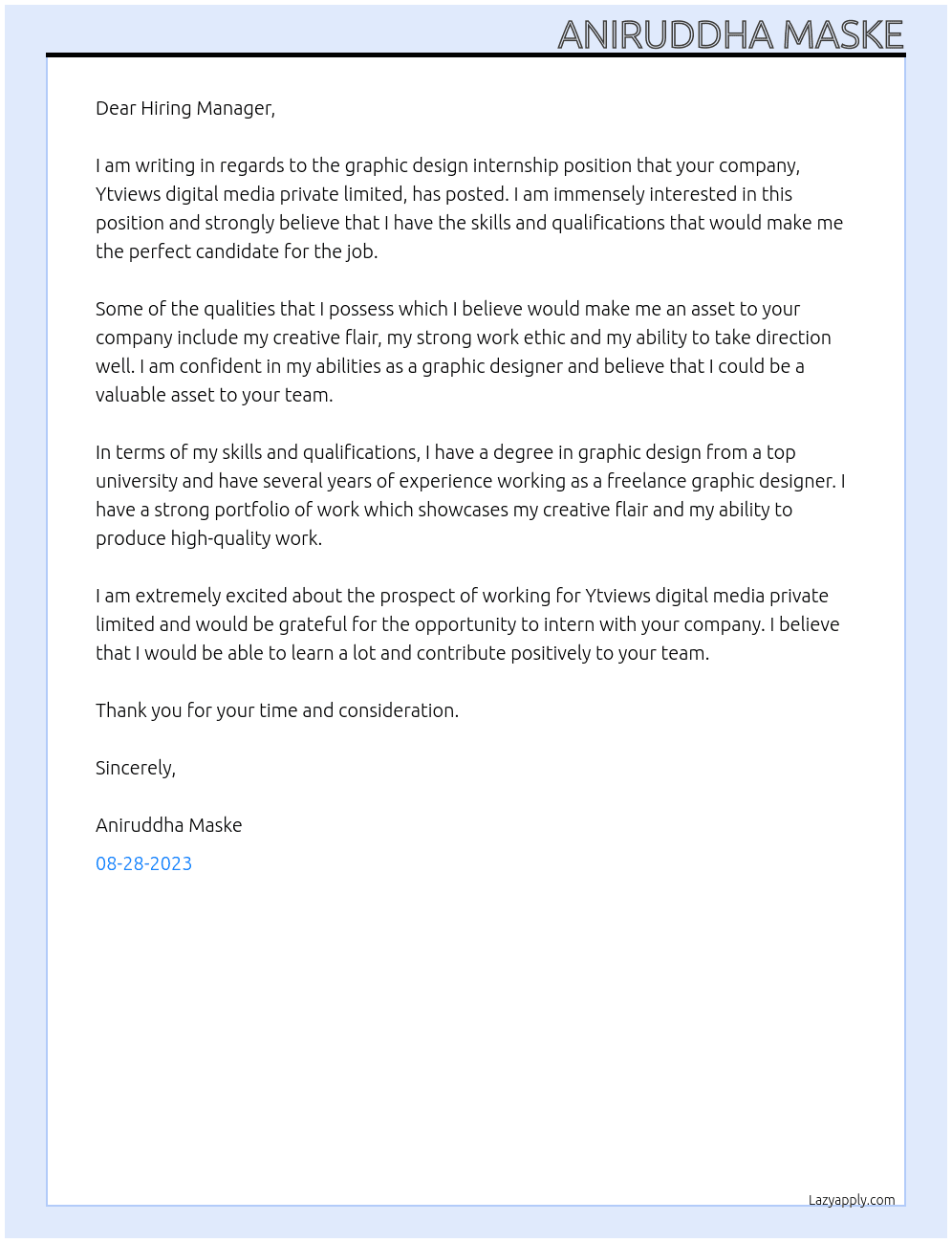 Graphic design internship  At Ytviews digital media private limited  Cover Letter
