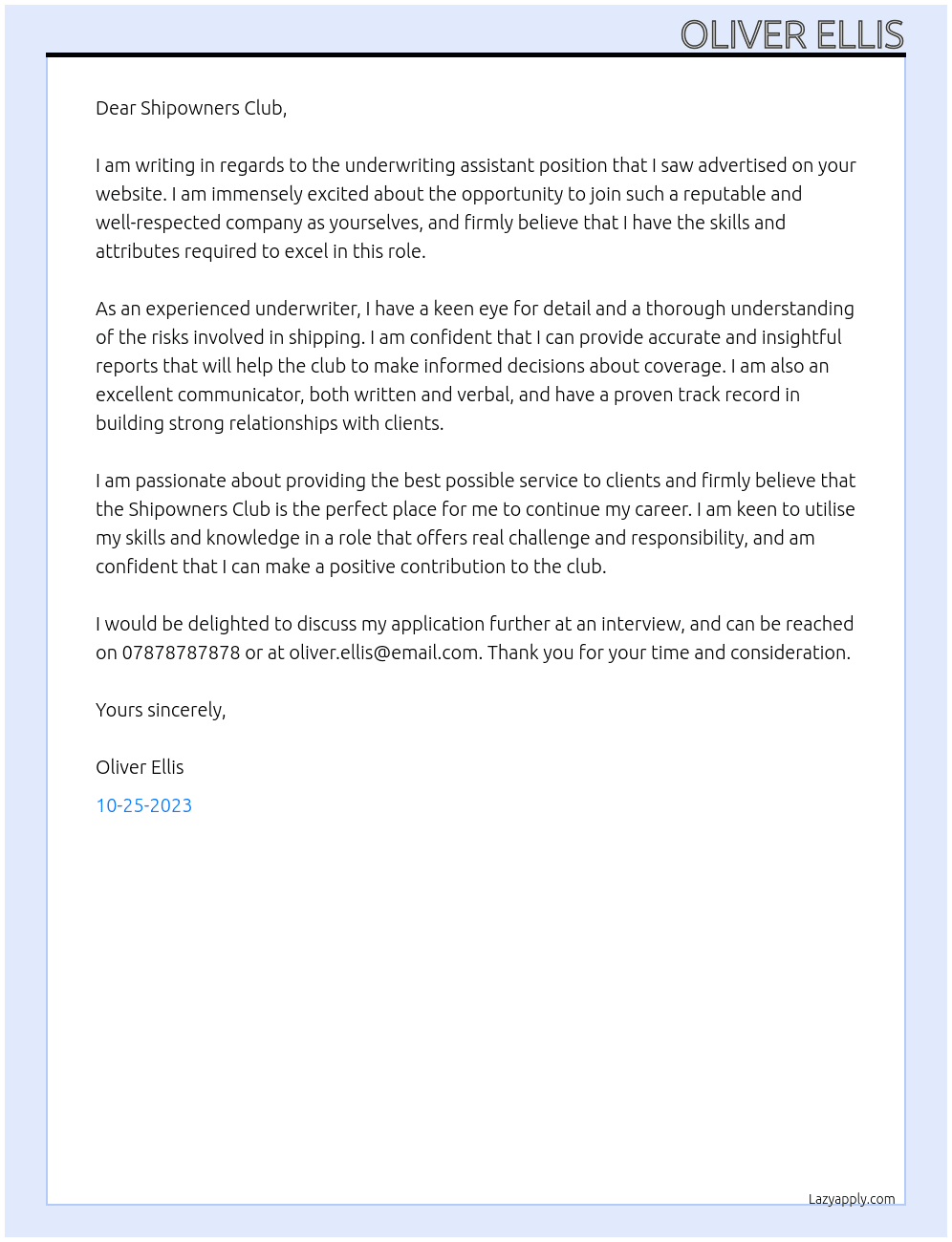 Underwriting assistant  At Shipowners club Cover Letter