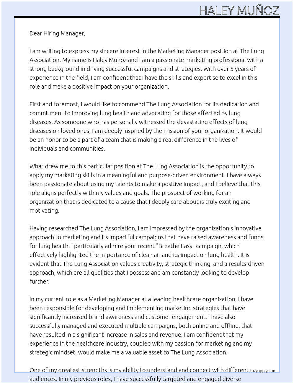 Marketing Manager At The Lung Association Cover Letter