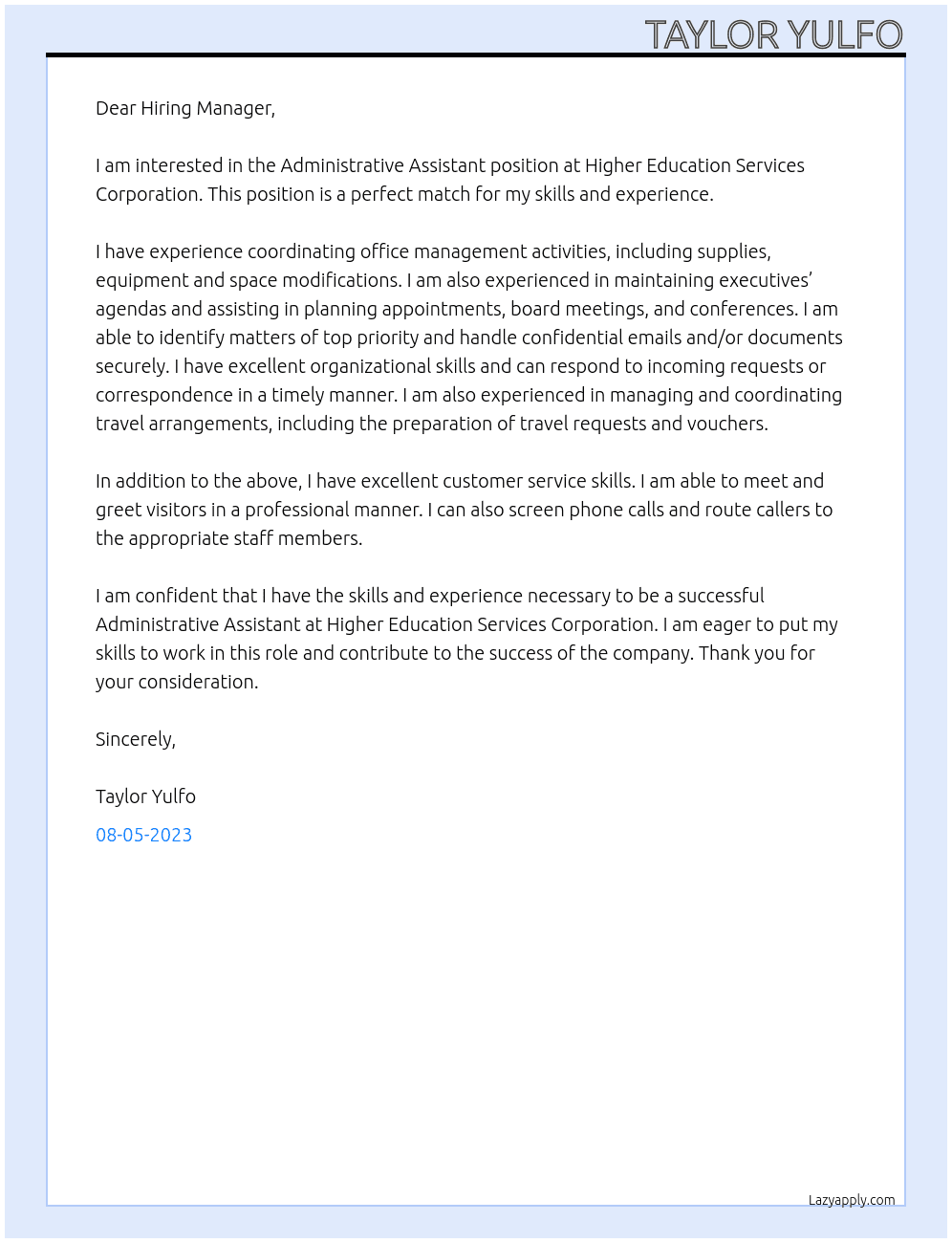 Administrative Assistant At Higher Education Services Corporation Cover Letter