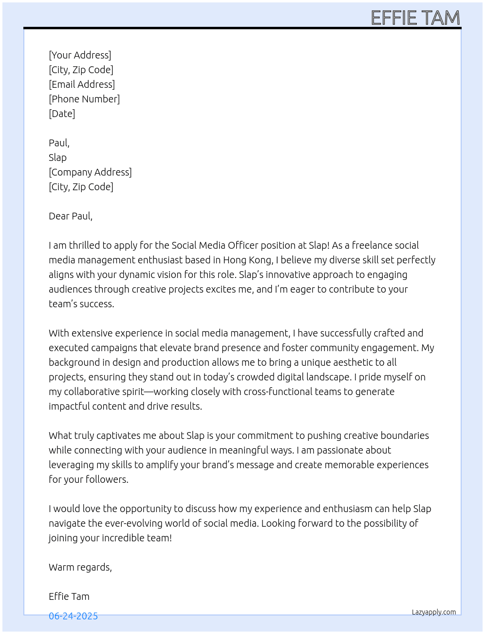 Social Media Officer At Slap Cover Letter
